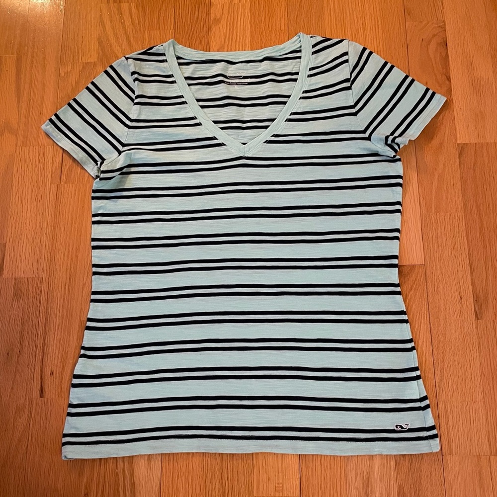 Vineyard Vines‎ V-Neck Cotton Short Sleeve Aqua Navy Stripe T-shirt Medium